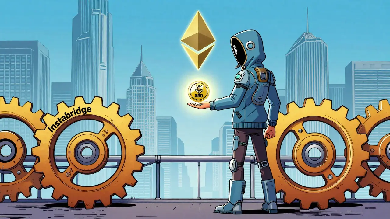 A character swapping XRD for eXRD across a bridge labeled Instabridge with Ethereum buildings in the background.