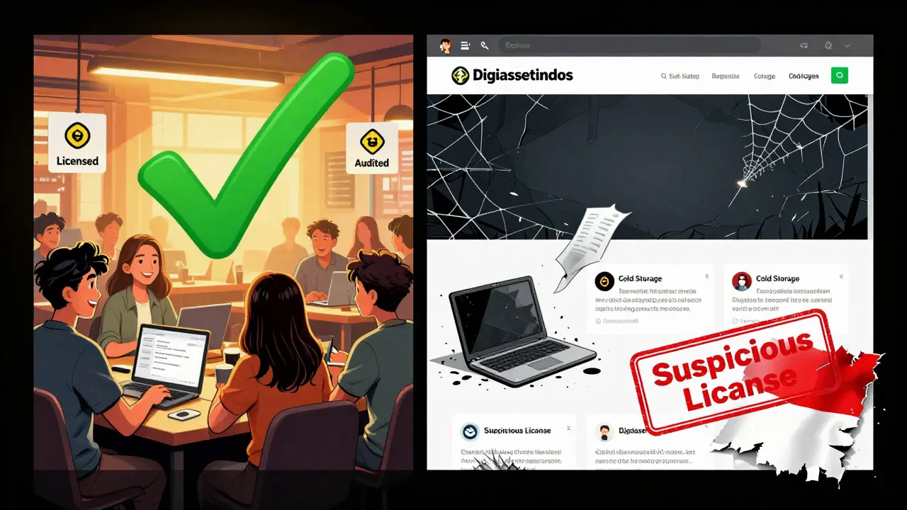 A comic-style split scene: trusted exchanges glow with safety, while Digiassetindo’s site crumbles with ghostly reviews.