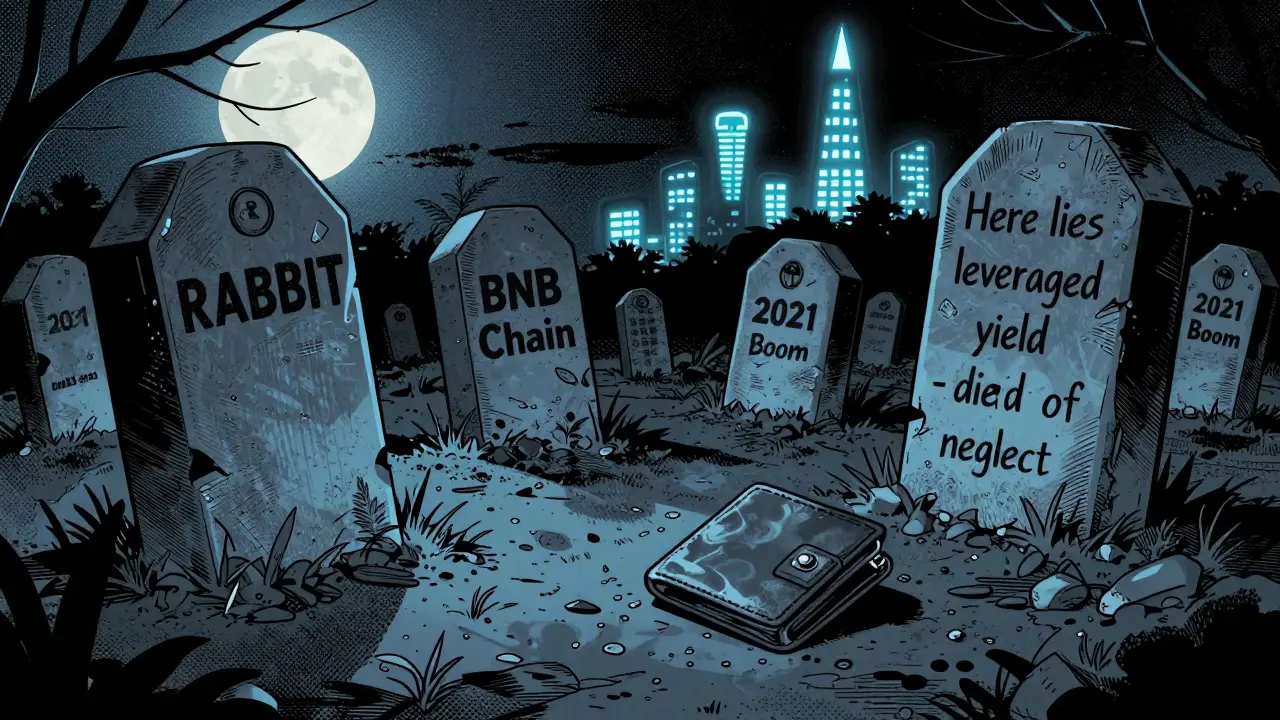 A crypto graveyard with tombstones for failed tokens, one labeled 'RABBIT', under moonlight.