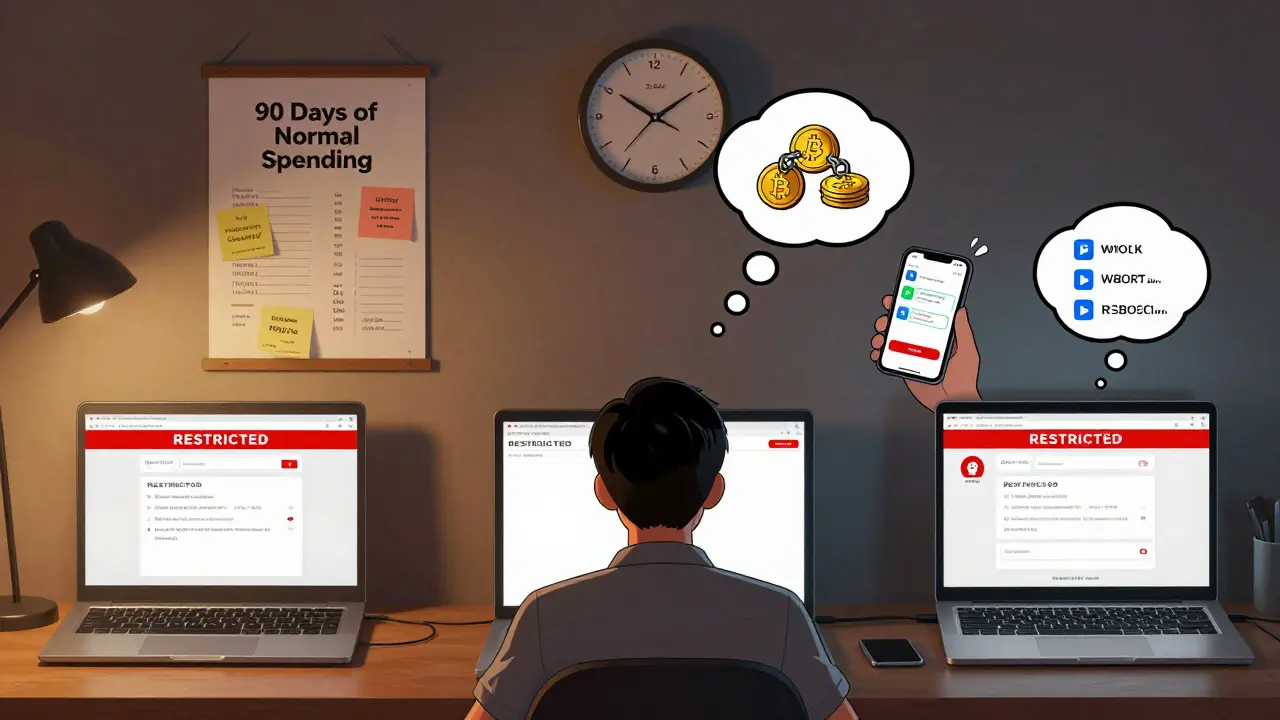 A crypto trader surrounded by three flagged bank apps, trying to build a normal spending history.