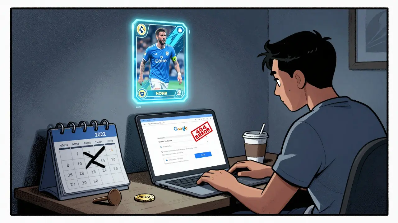 A disappointed fan in a dim room facing a dead Google Form link, with a flickering NFT hologram on the wall.