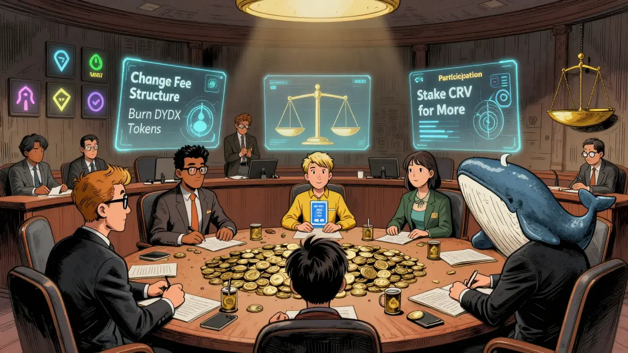 A diverse group of users votes in a circular council chamber surrounded by holographic crypto proposals and iconic DAO tokens.