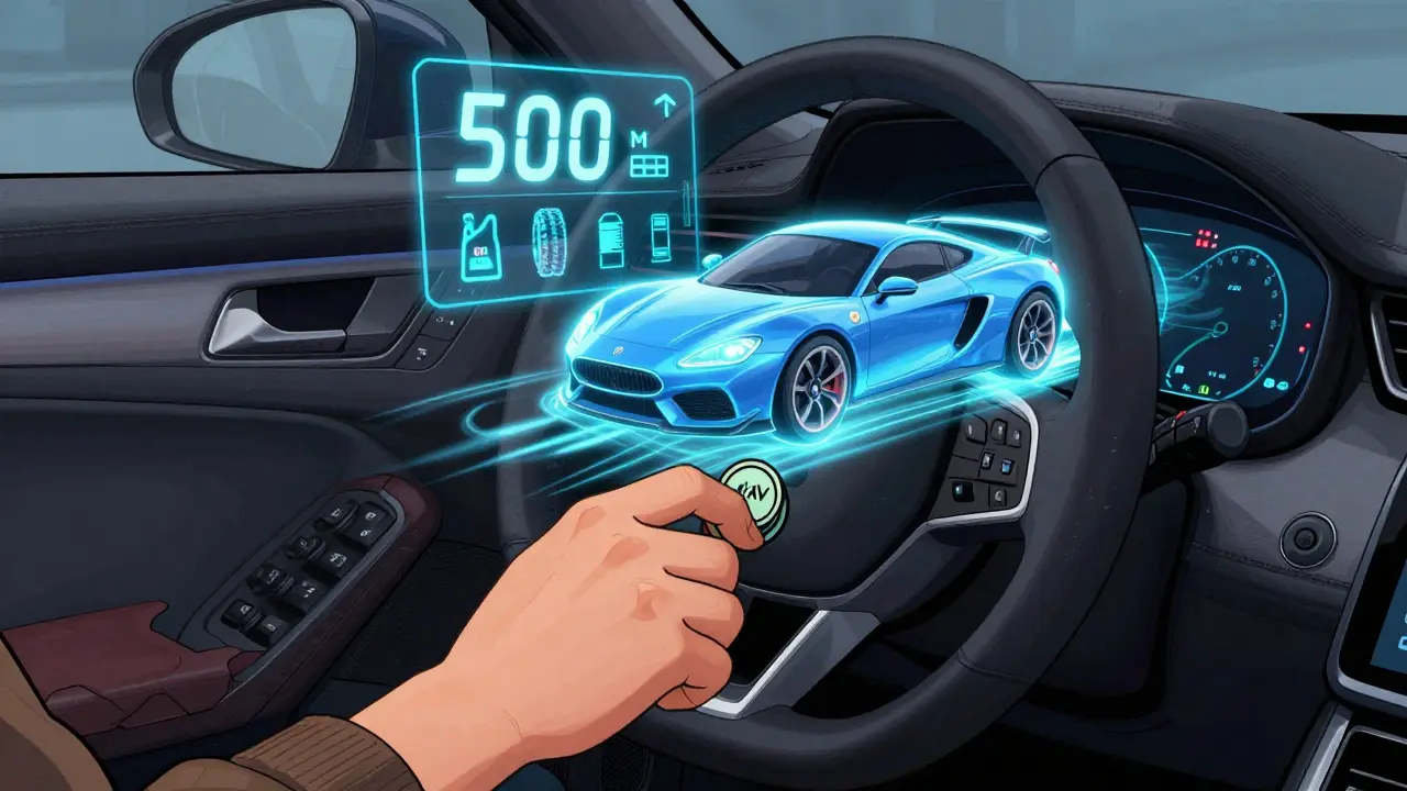 A driver inserts NAVI tokens to unlock a glowing 3D sports car NFT on their dashboard interface.