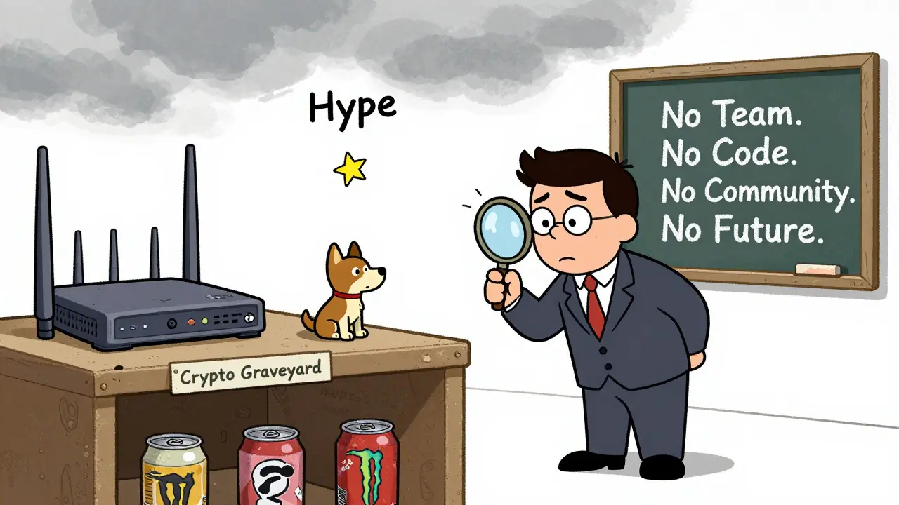 A forgotten DOGS token sits on a crypto graveyard shelf as a confused investor examines it, with a chalkboard behind showing 'No Team. No Code. No Community.'