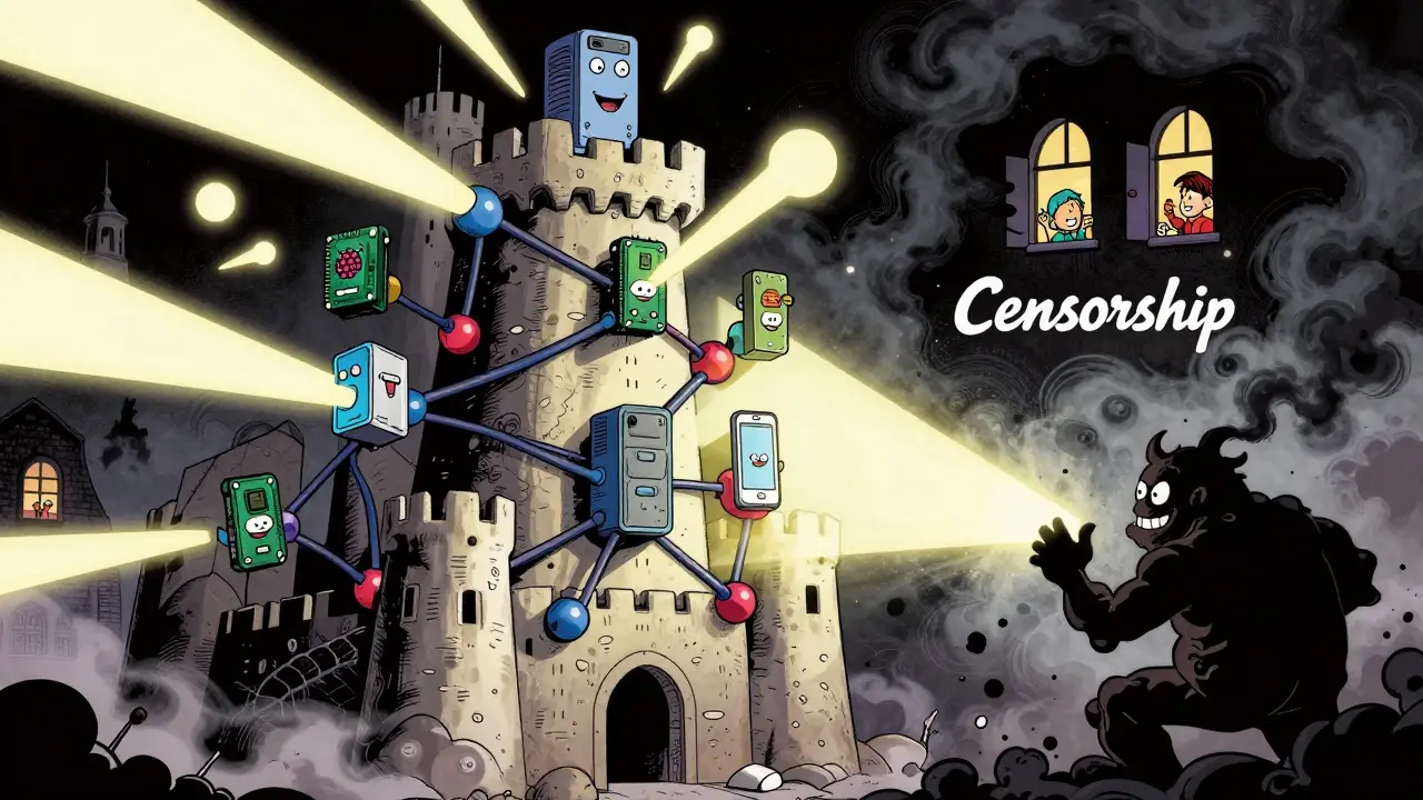 A fortress made of blockchain nodes defending against a dark censoring monster, with light beams forming a protective shield.