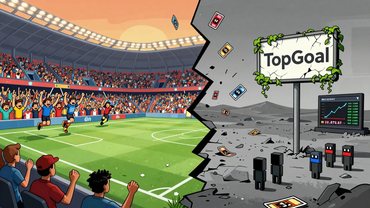 A fractured digital football world: one side vibrant with active NFTs, the other a barren wasteland of forgotten collectibles.