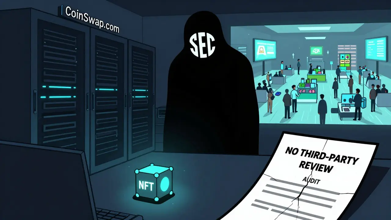 A fragile supernode next to a broken audit certificate, overshadowed by an ominous SEC figure, while PancakeSwap thrives nearby.