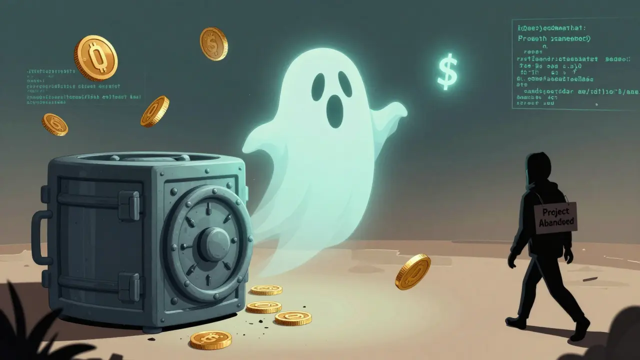 A ghostly RABBIT token floats above an empty DeFi vault, surrounded by zero coins and broken code.