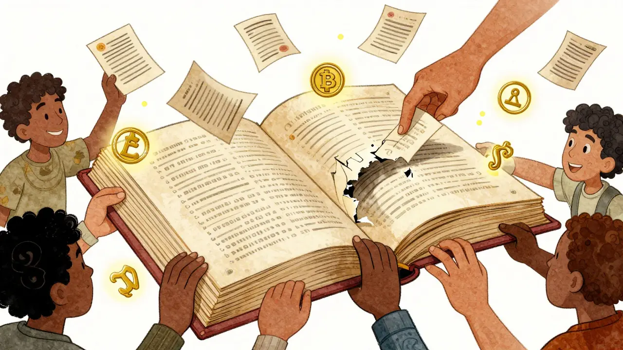 A giant floating blockchain ledger held by many hands, with symbols glowing as one tries to tear a page but is stopped by others.