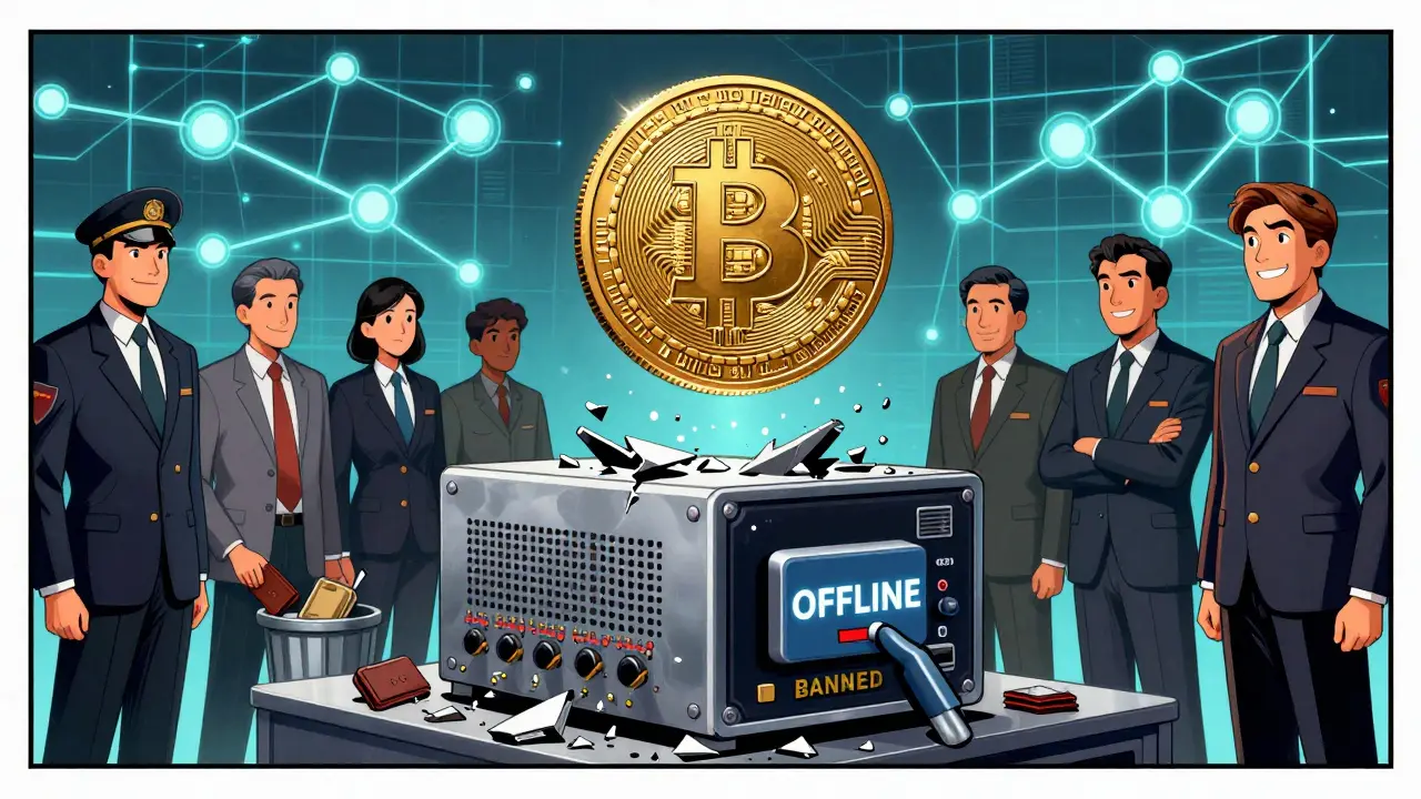 A government official shuts down Bitcoin mining as a state digital currency replaces it, with citizens discarding crypto wallets.