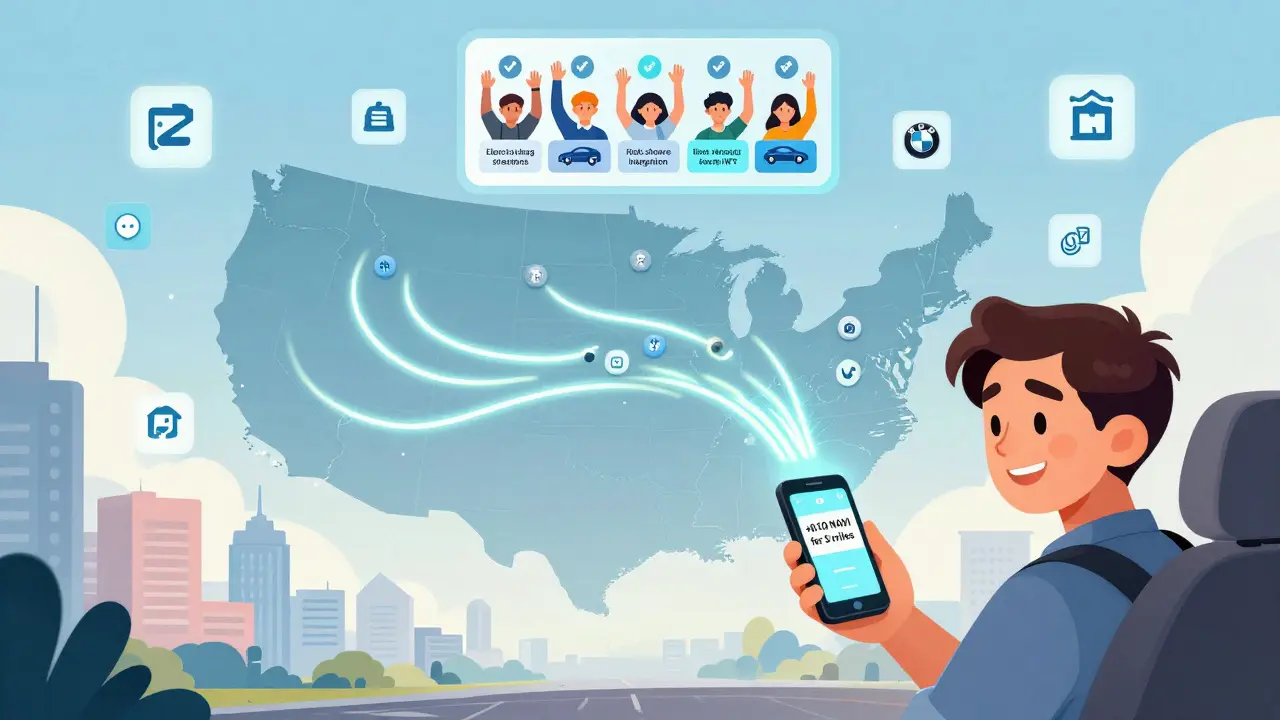 A map of the U.S. shows token trails from drivers, with a floating DAO vote for future app features.