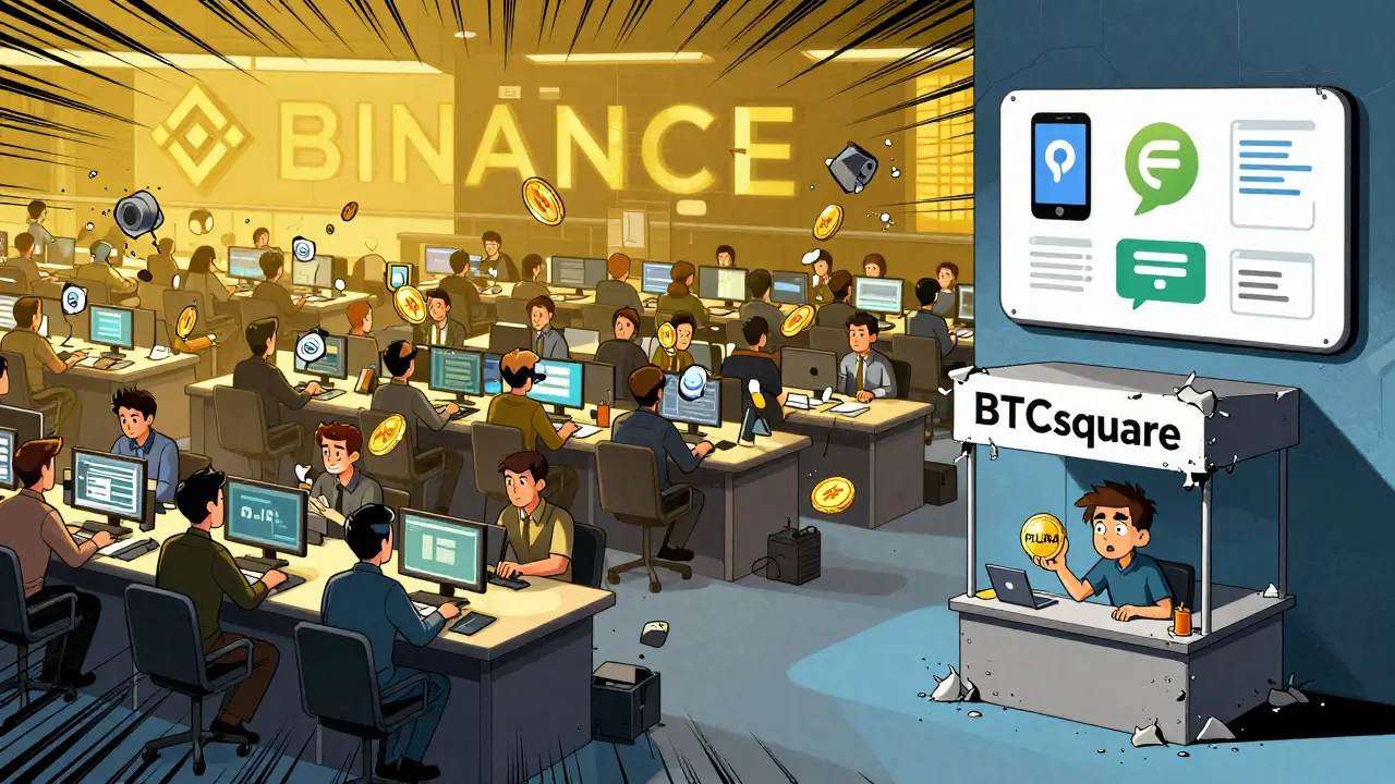 A massive active trading floor beside a tiny, crumbling BTCsquare booth with a confused user holding a PLURA coin.