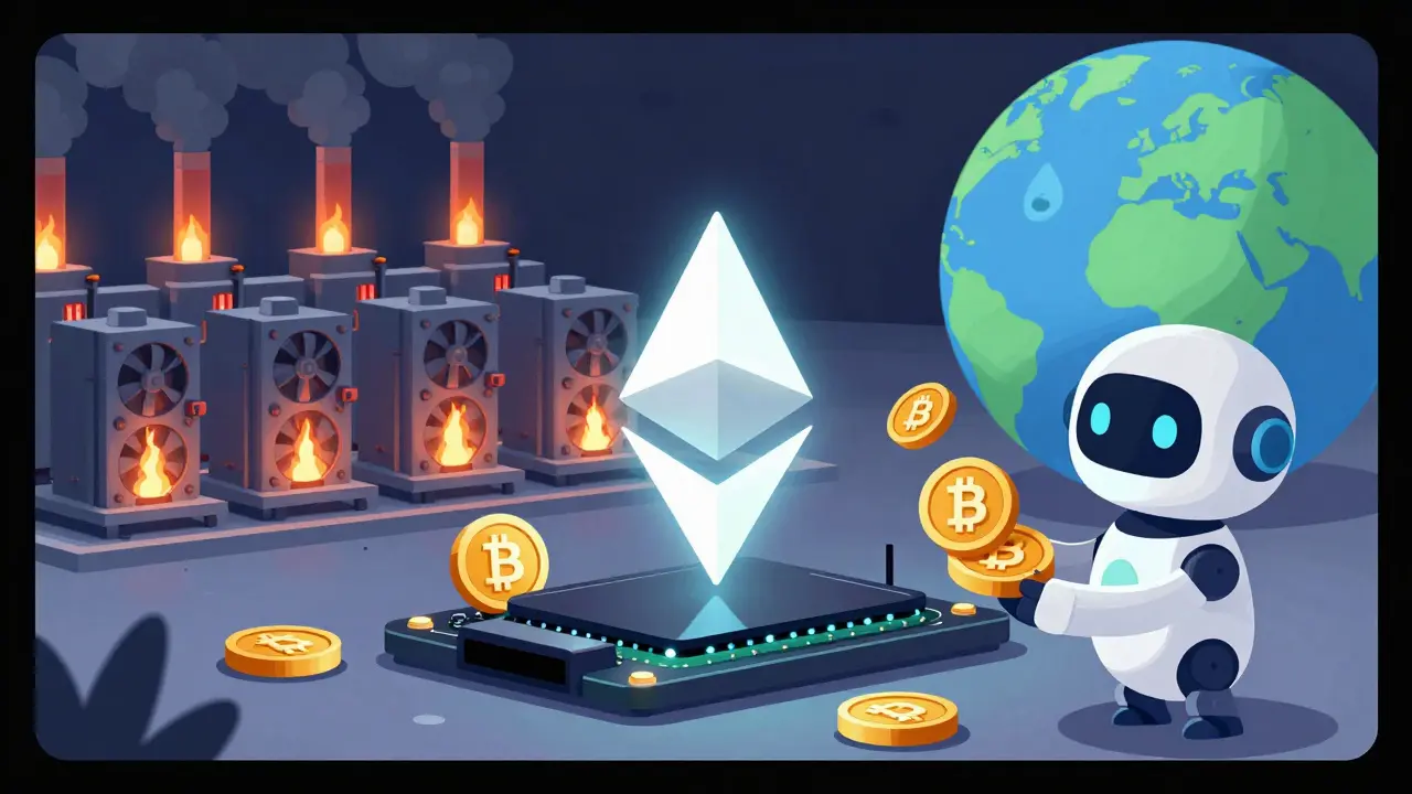 A minimalist validator on a Raspberry Pi with glowing stETH tokens, against a backdrop of a massive, polluting Bitcoin mining farm.