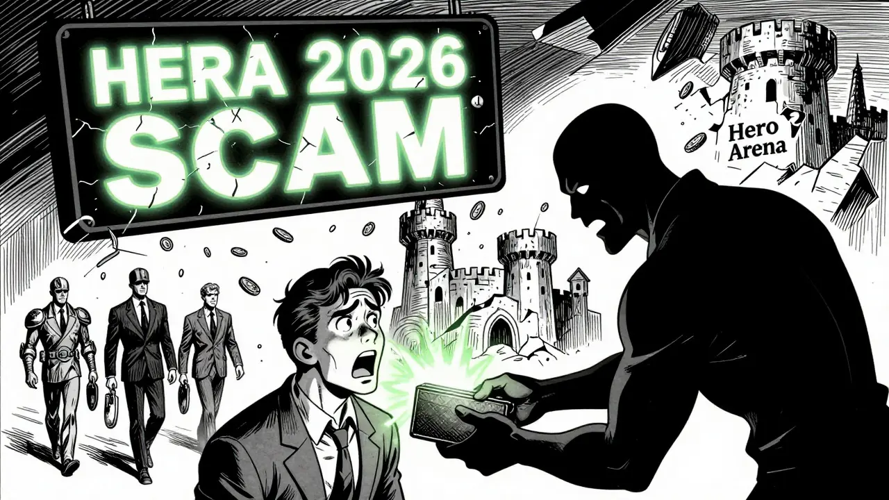 A scammer offers a fake HERA 2026 airdrop while investors walk away from a crumbling castle labeled 'Hero Arena'.
