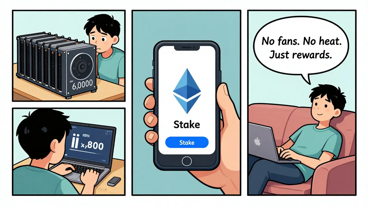 A three-panel comic showing a person switching from complex mining hardware to easy staking via smartphone.