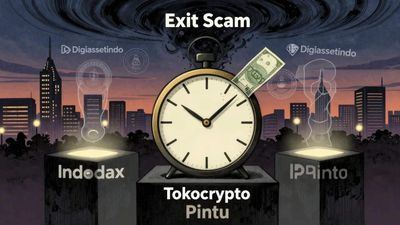 A ticking crypto coin clock counts down as Digiassetindo fades into a vortex, while licensed exchanges stand strong.