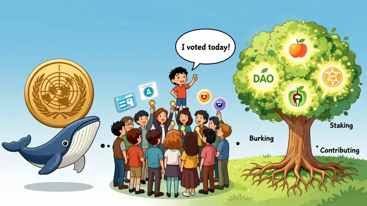 A timeline shows governance evolution from a lone whale to a community of everyday users voting with staking, burning, and contribution trees.