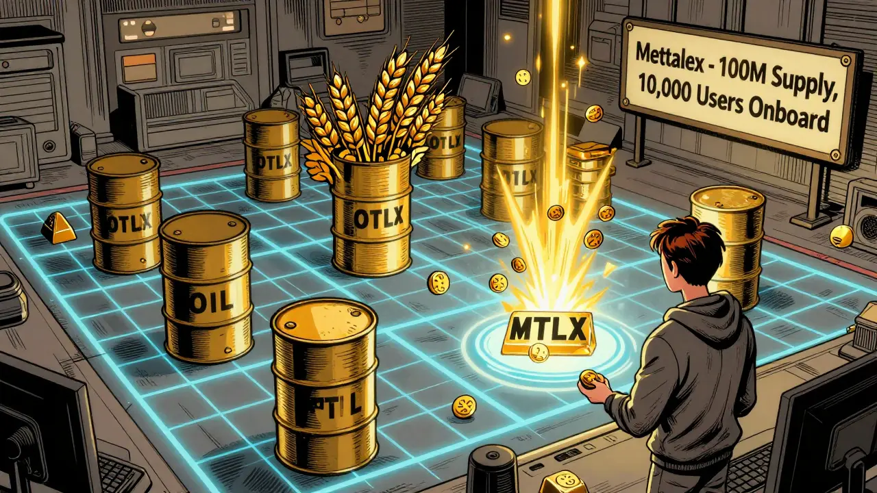 A trader staking MTLX tokens on a blockchain trading floor with tokenized commodities floating above.