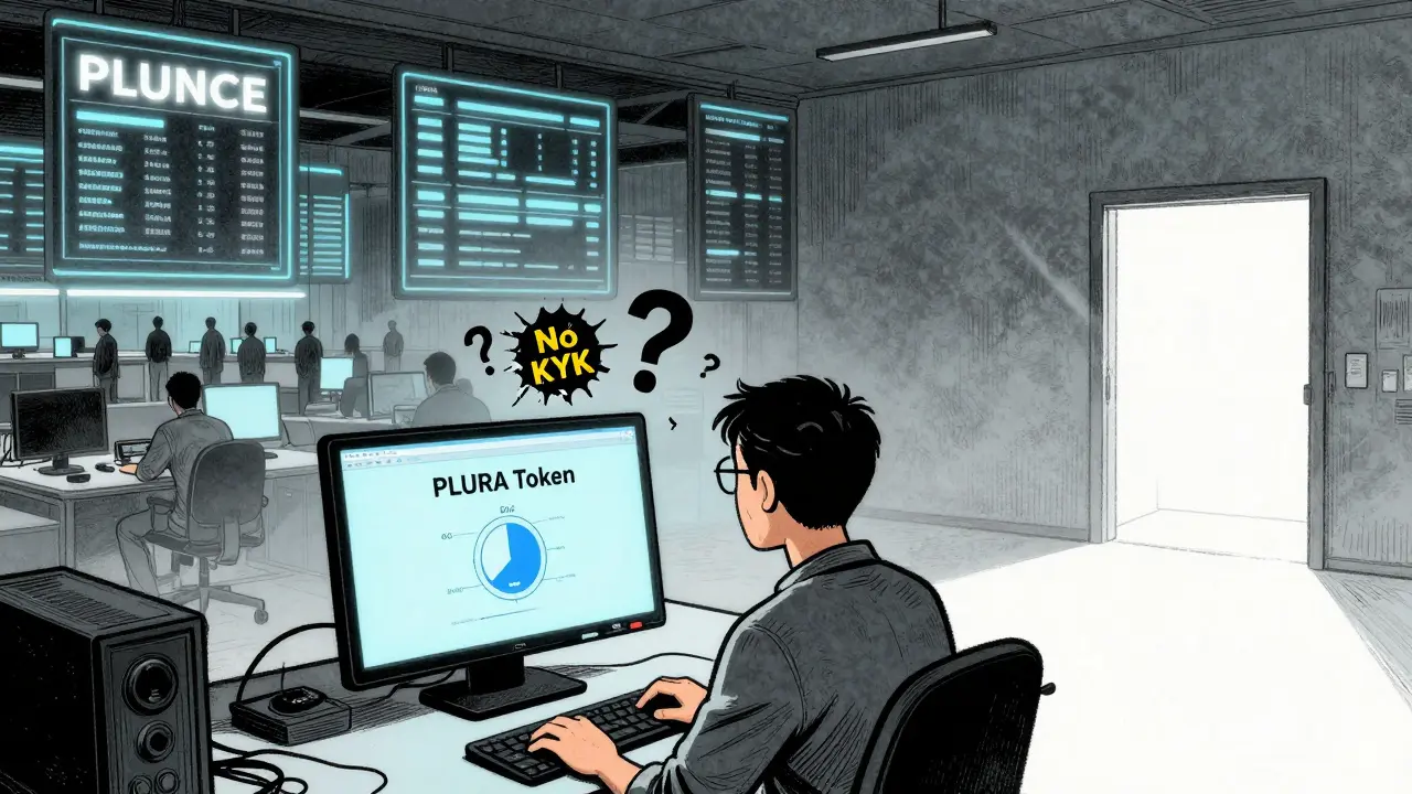 A user isolated in a hollow room facing a zero-value token, while major exchanges glow brightly in the background.