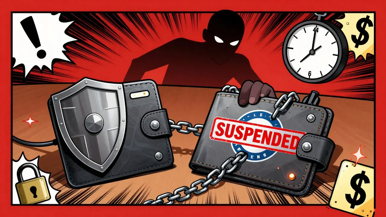 A wallet split between a secure hardware device and a locked exchange, with a replay attack in progress.