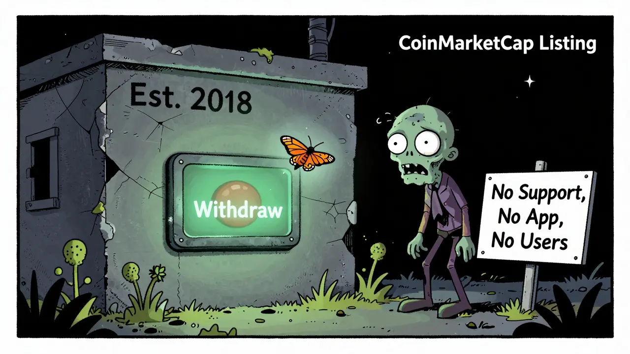 A zombie-like crypto platform overgrown with digital weeds, with a lone moth flying toward a broken withdrawal button.