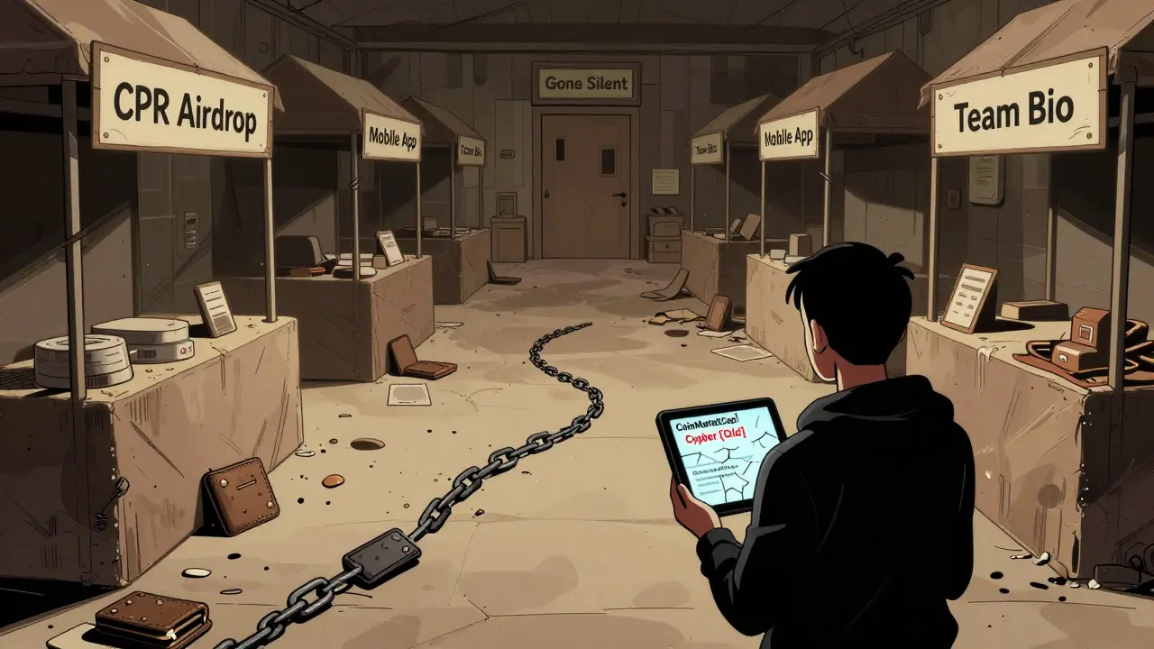 An empty digital marketplace with abandoned stalls labeled 'CPR Airdrop' and 'Mobile App', a lone figure staring at a tablet showing 'Cipher [Old]'.