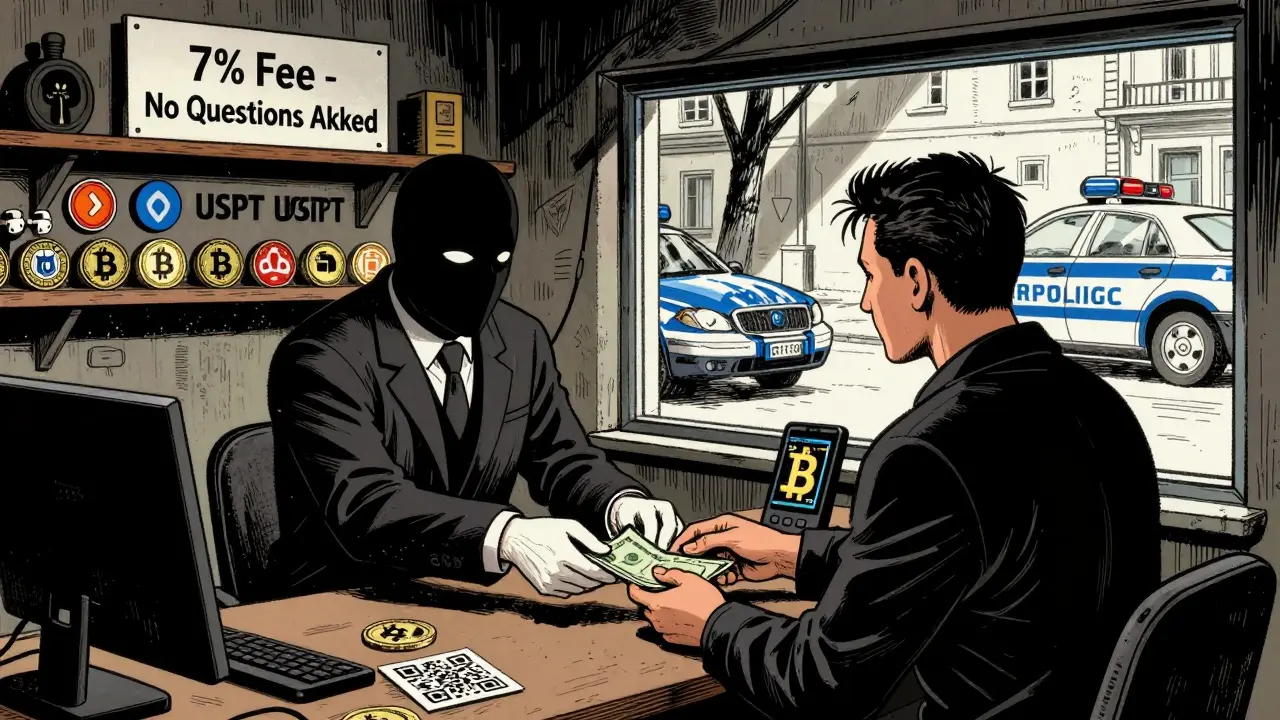 An underground crypto exchange in Moscow where cash is traded for Bitcoin, with a police car outside.