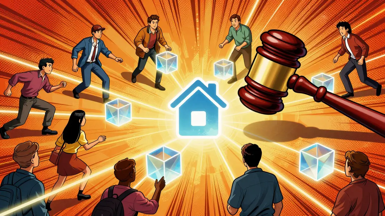 Auction gavel turning into blockchain cubes with connected bidders