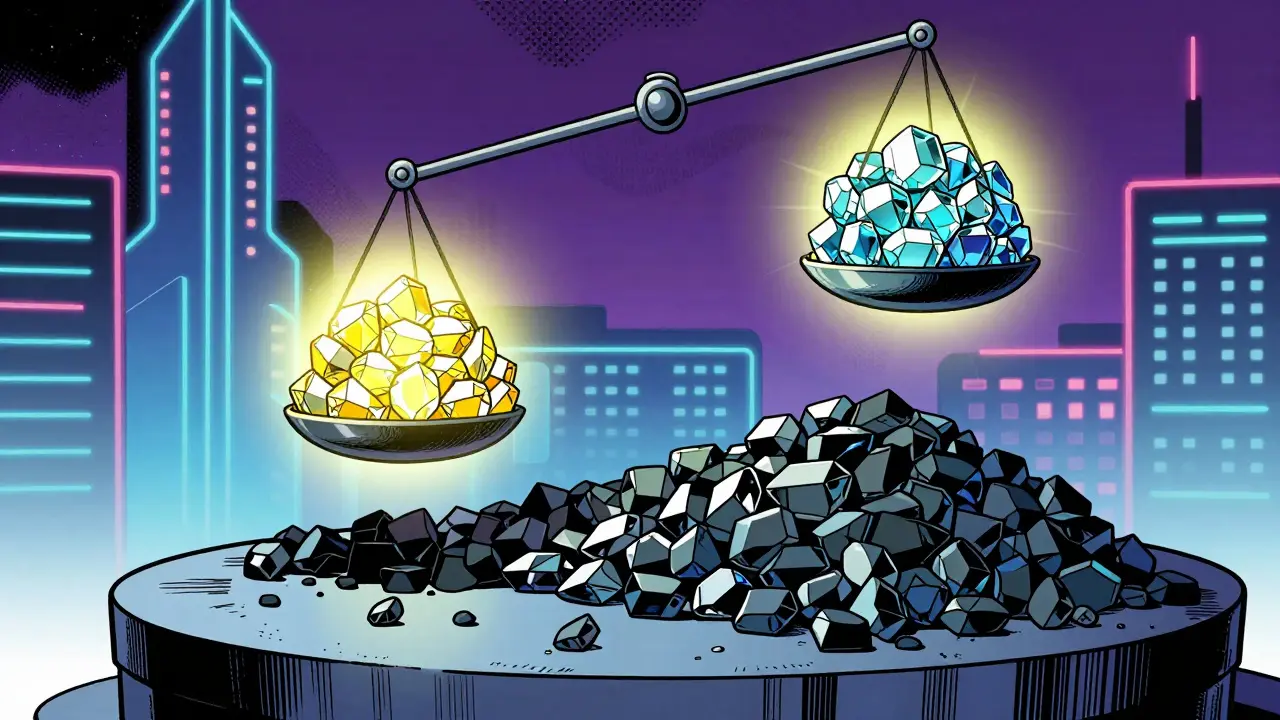 Balance beam with glowing heavy gems outweighing dull scattered tokens.