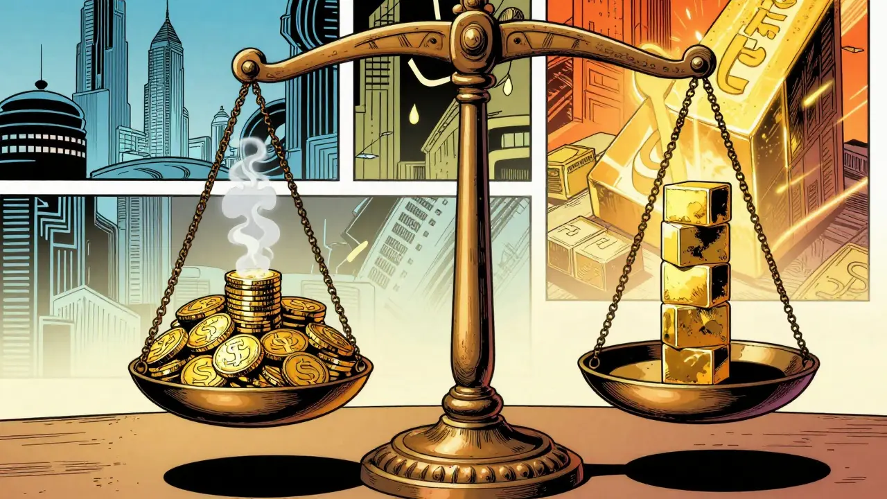 Balance scale showing shrinking token supply and rising value.