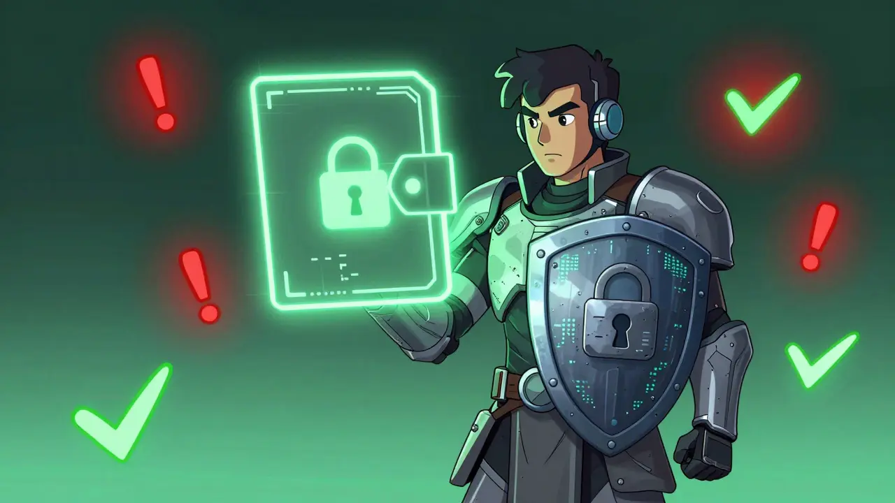 Character in digital armor holding a shield protecting a floating hardware wallet.