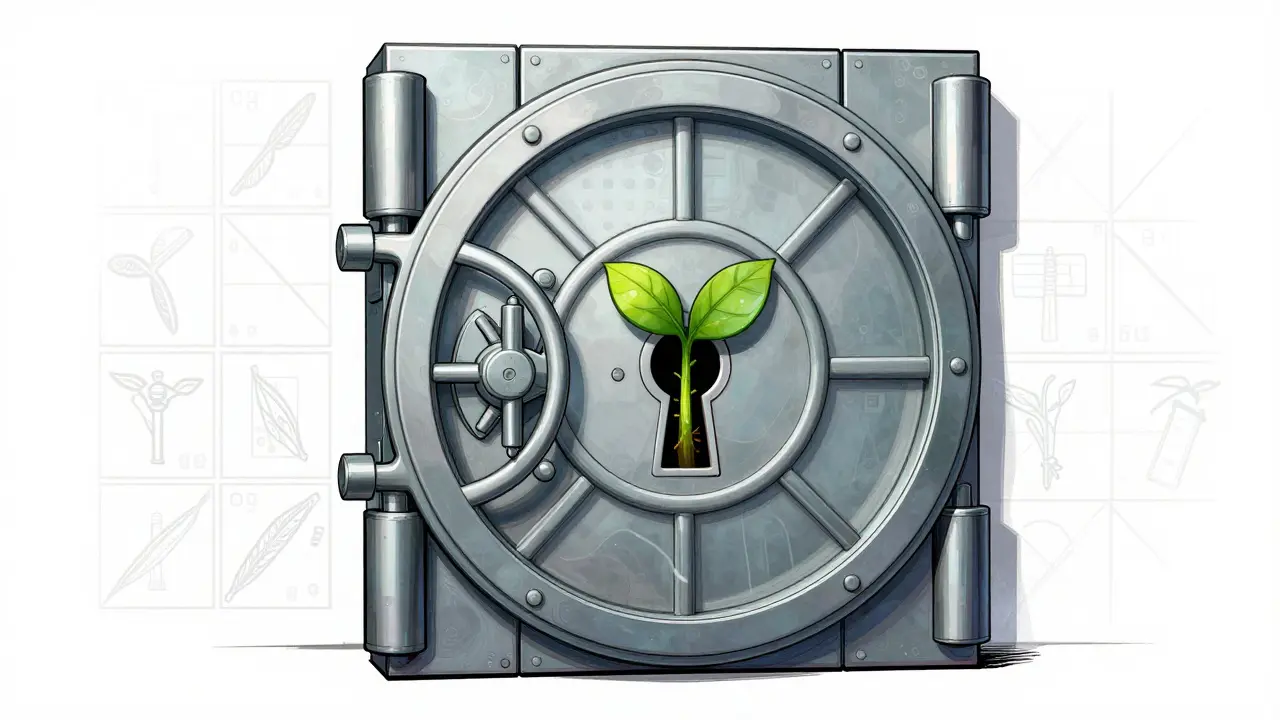 Digital vault door with green plant growing from keyhole