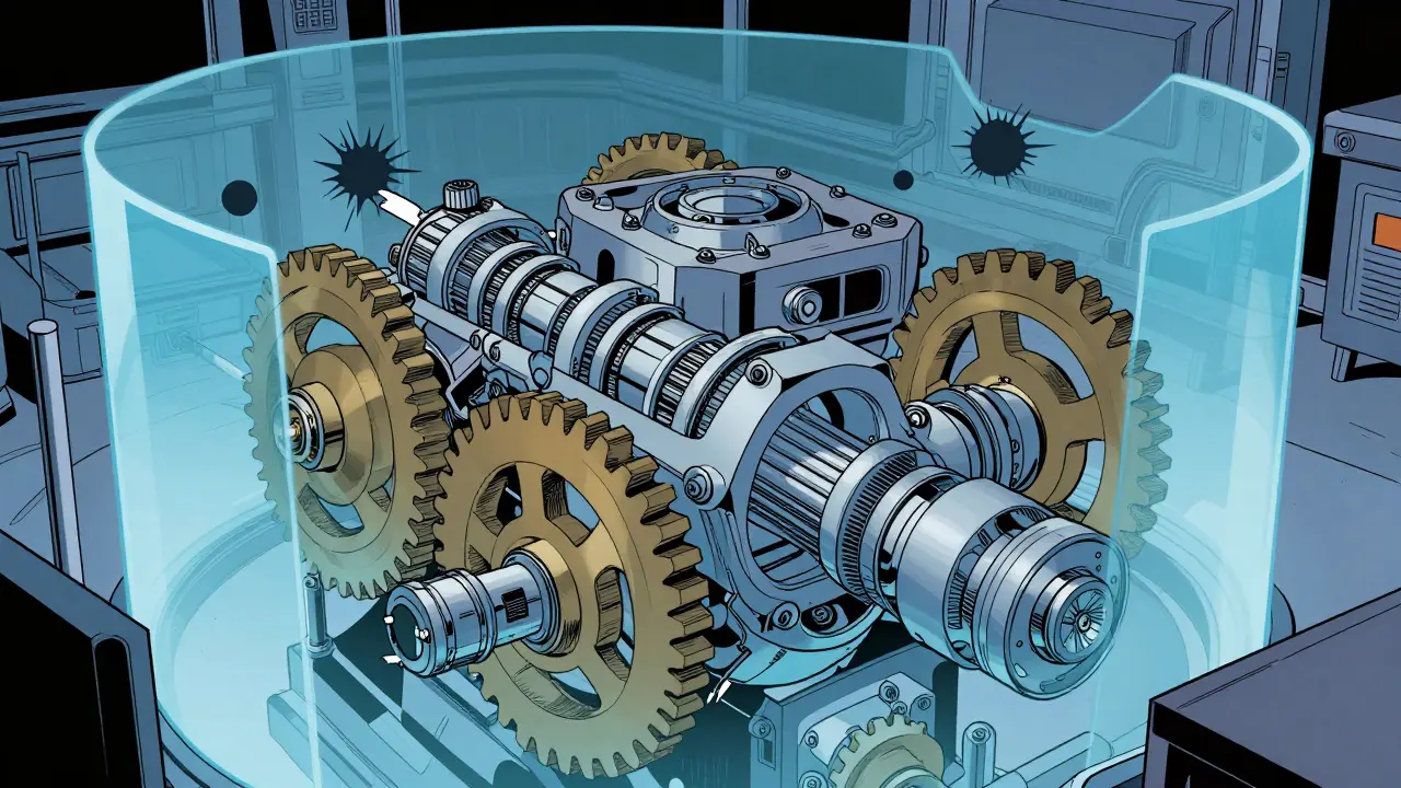 Engine room gears protected by a blue shield