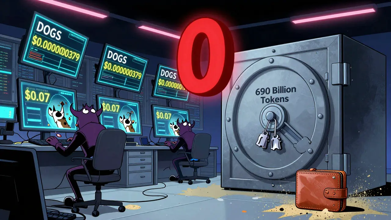 Floating price tags clash in a chaotic data center while a locked vault holds 690 billion unused DOGS tokens and an empty wallet lies on the floor.