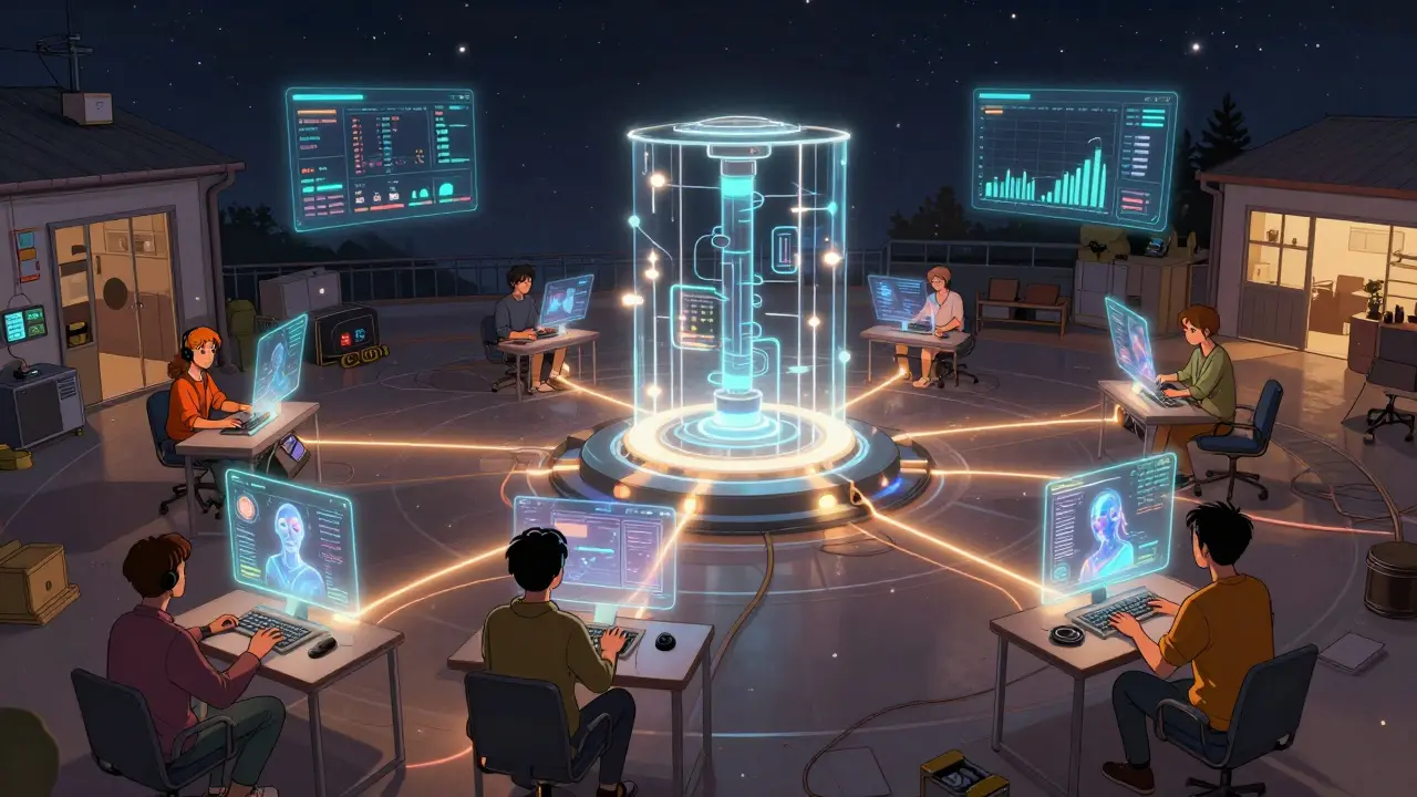 Global network of D-Rigs with glowing connections, real-time dashboards, and users interacting with AI via holograms.