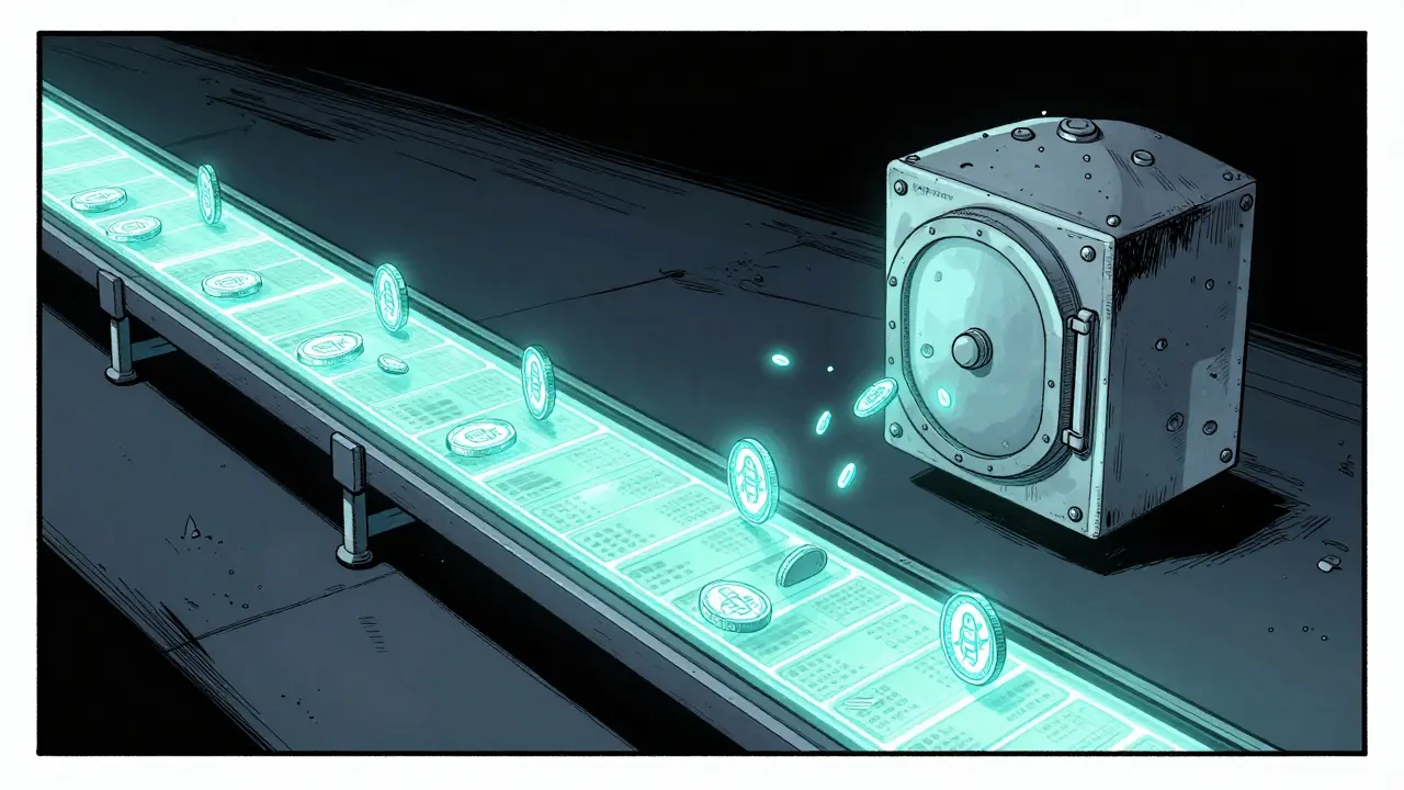 Glowing blockchain ledger sending coins to locked vault.