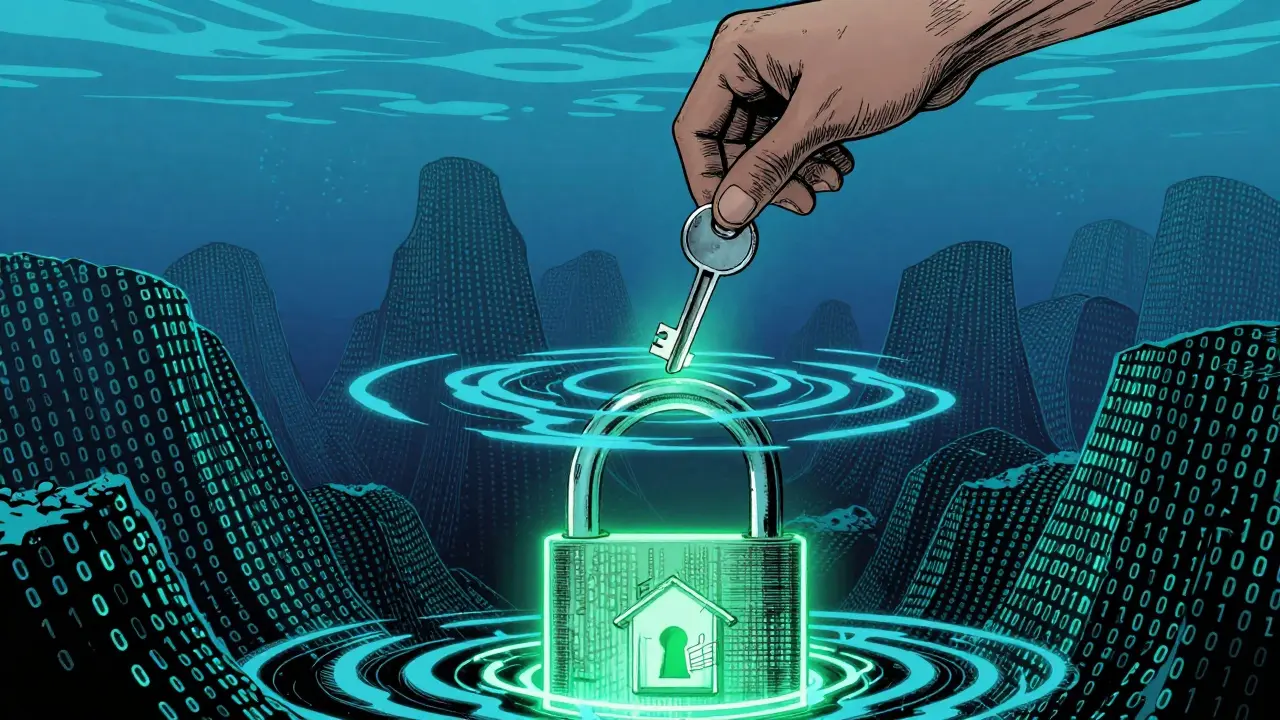 Hand dropping a glowing key into deep binary code ocean waters.