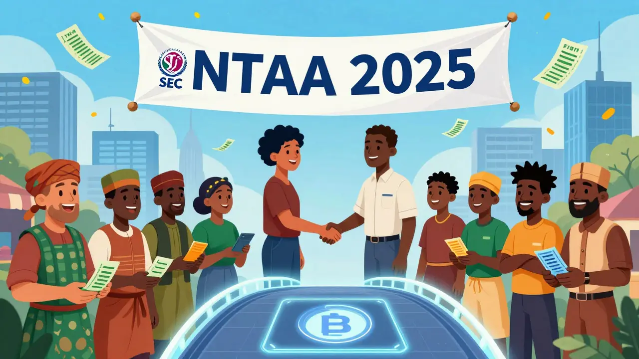 Nigerian users transact safely on a blockchain bridge as SEC and FIRS logos shake hands, with tax receipts floating in a vibrant fintech cityscape.