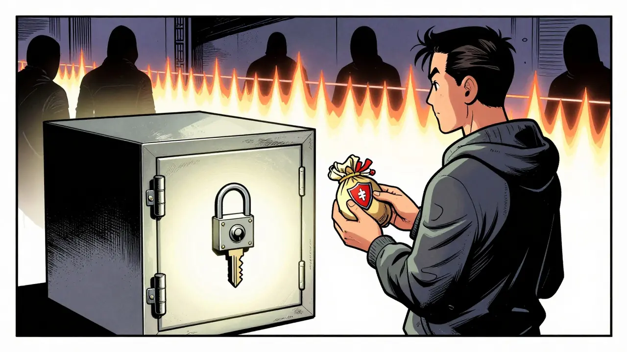 Person using small shield to protect large digital vault