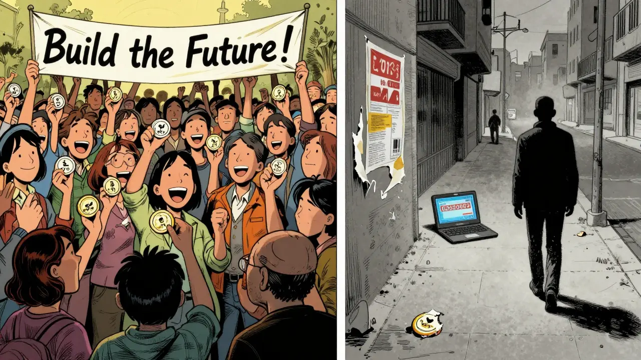 Split-panel comic: vibrant crowd celebrating CPR tokens on one side, the same scene years later abandoned with a single token rotting on the ground.