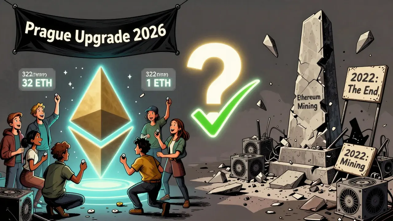 Split scene: left shows people staking 1 ETH after Prague Upgrade, right shows a crumbling 'Ethereum Mining' monument, with a Uniswap wallet connection in the center.
