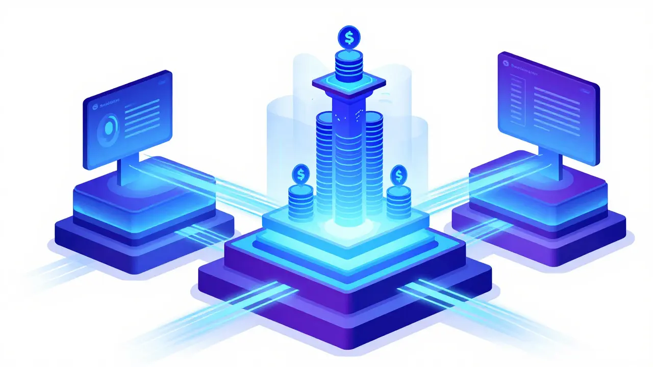 Stacked glowing blue blockchain rings illustrating network technology flow.