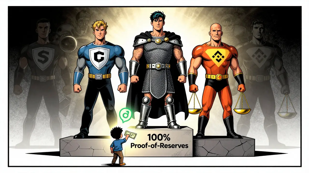 Three secure crypto exchanges portrayed as superheroes with shields, standing tall while others fade into shadow, under a '100% Proof-of-Reserves' banner.