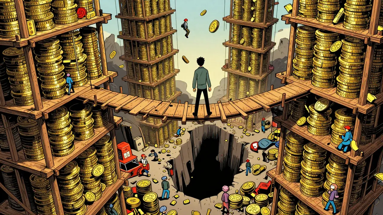 Trader on narrow bridge over dark void representing market risk