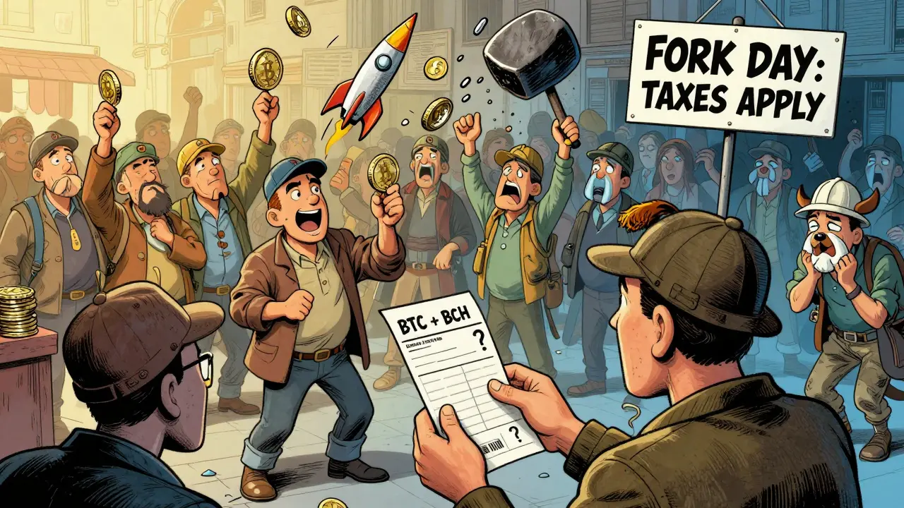 Traders in a chaotic market with one coin rising and another crashing, while someone holds a tax form.