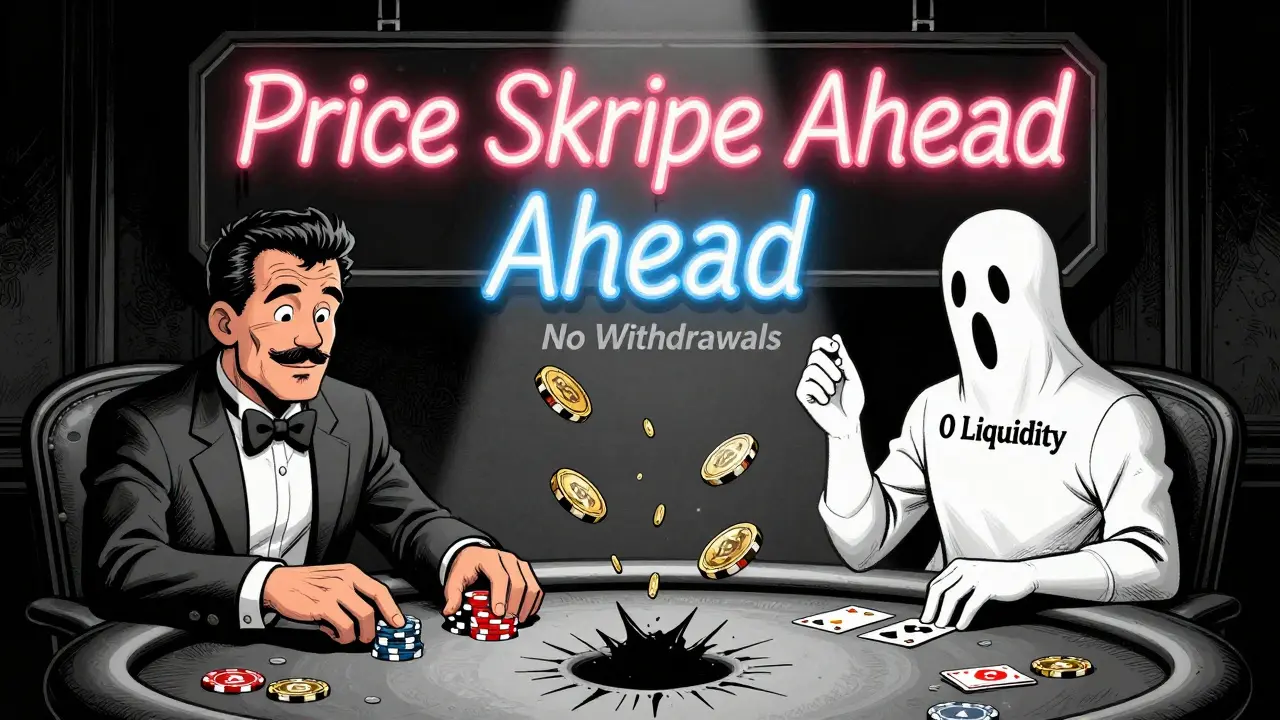 Two poker players at a table, one holding Bitcoin chips, the other a ghostly dealer, as coins vanish into a black hole labeled 'No Withdrawals'.