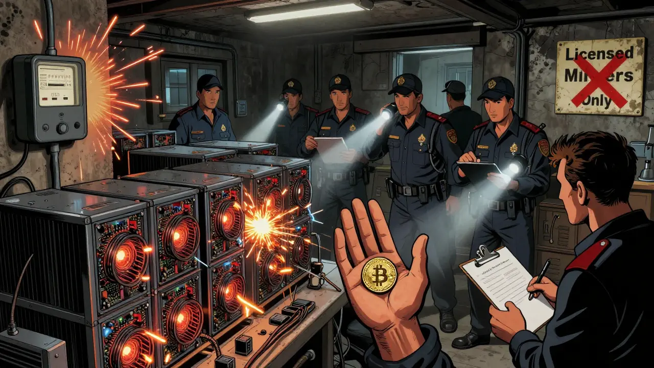 Underground crypto miners face government raid as rigs overheat and sparks fly in a warehouse.