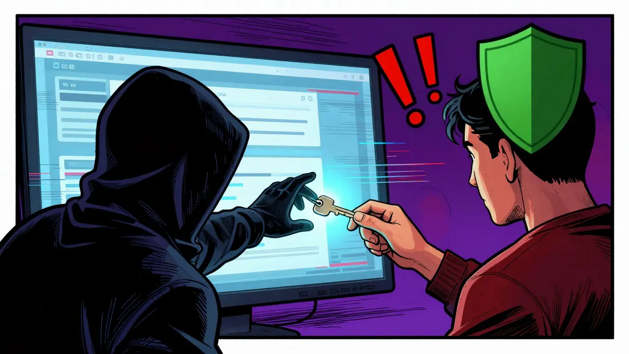 User guarding digital wallet keys from a shadowy thief online.