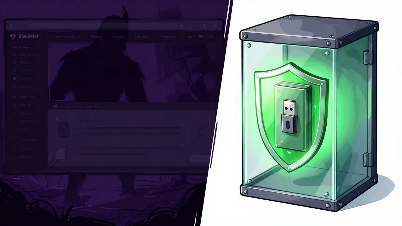 A comparison between a dangerous website and a secure hardware wallet in a vault.