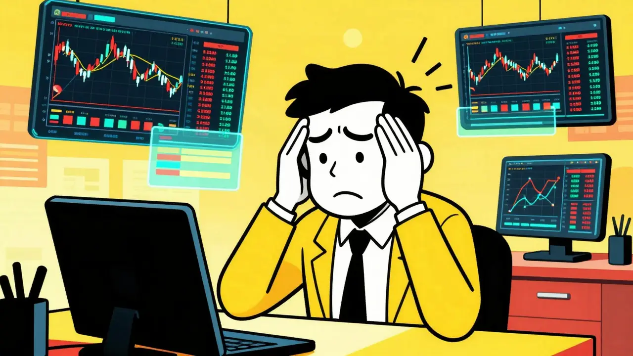 A confused trader looking at conflicting crypto price data in a cartoon style.